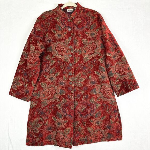 Chicos Vintage Floral Tapestry Jacket Size 3 XL Longline Asian Button Front - Picture 1 of 8